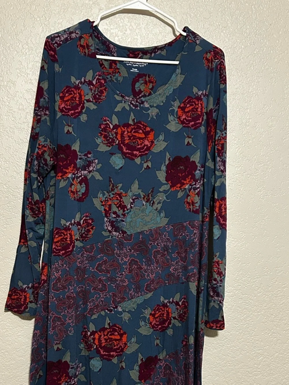 Soft Surroundings Floral Maxi Dress XL Blue Boho Patchwork Long Sleeve - Picture 2 of 8